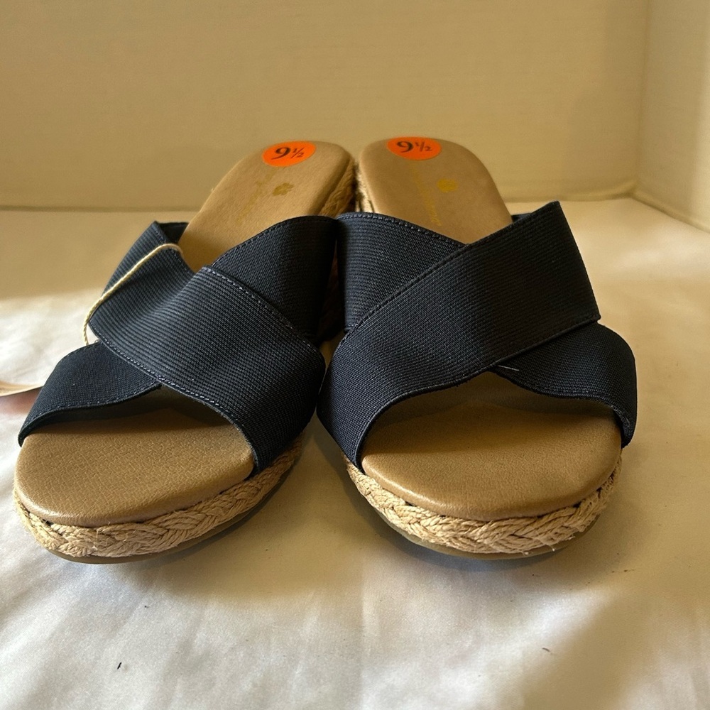 Tommy Bahama Black Elastic Espadrille Wedge Sandals Size 9.5 Comfort Slide